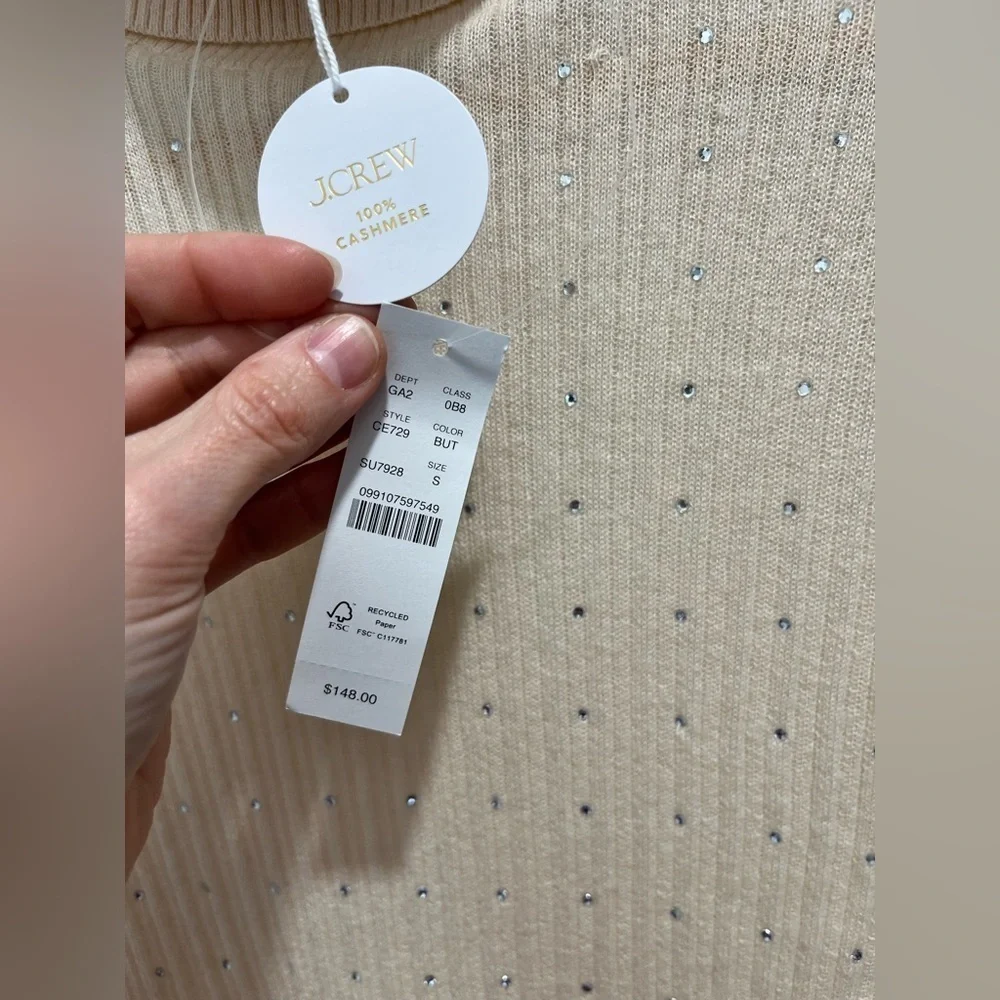 J Crew Featherweight cashmere turtleneck sweater with rhinestones Buttercream S